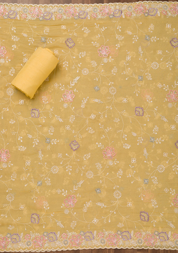 Yellow Organza Threadwork Unstitched Dress Material With Matching Bottom And Dupatta