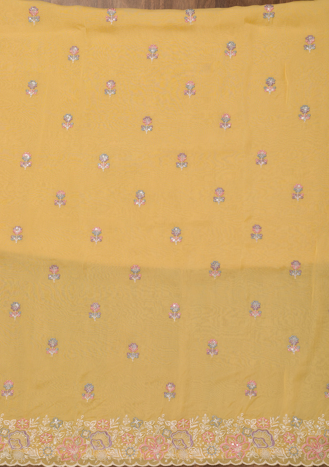Yellow Organza Threadwork Unstitched Dress Material With Matching Bottom And Dupatta