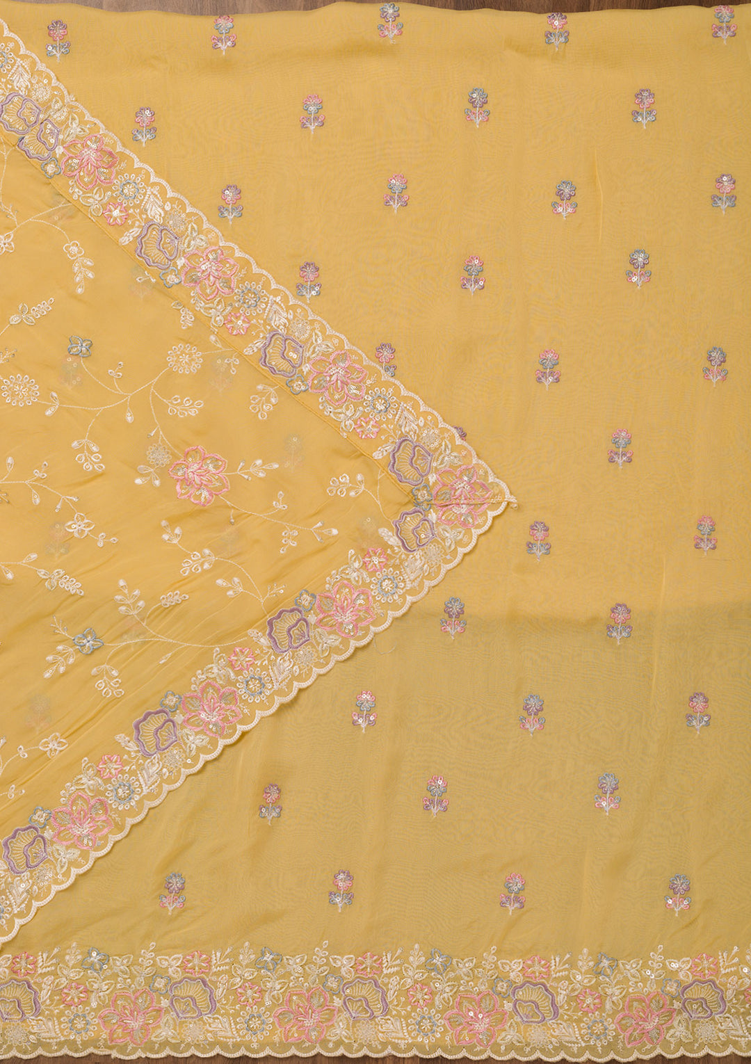 Yellow Organza Threadwork Unstitched Dress Material With Matching Bottom And Dupatta