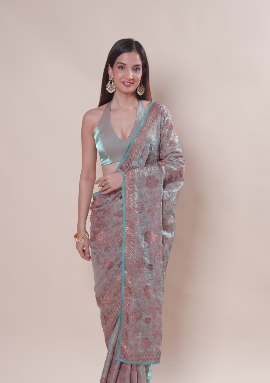 Pista Green Tissue Threadwork Saree With Matching Blouse Piece