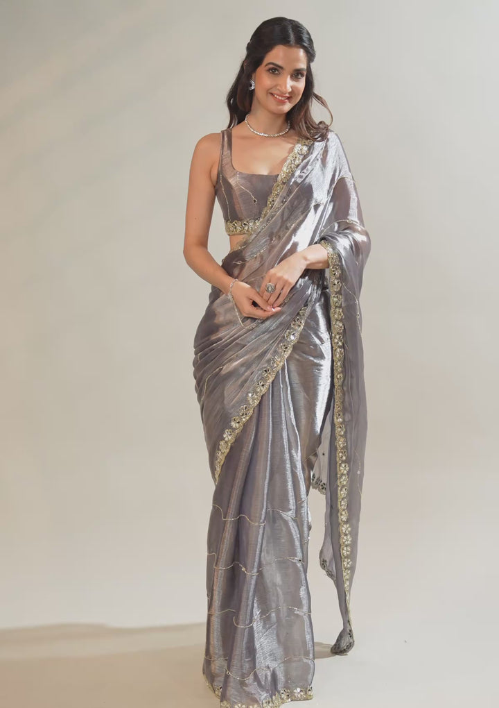 Grey Mirrorwork Tissue Saree