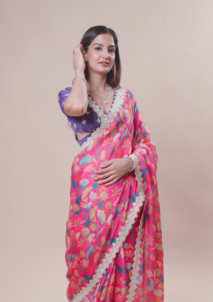 Rani Pink Georgette Floral Gold Zariwork Saree With Matching Blouse Piece