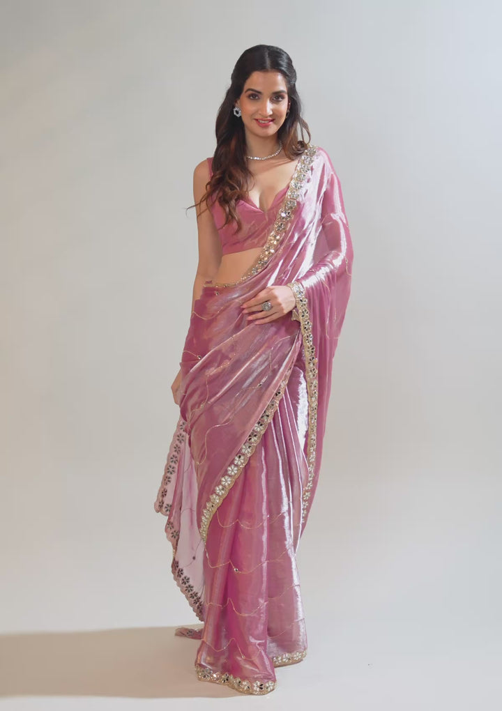Onion Pink Organza Mirrorwork Saree With Matching Blouse Piece