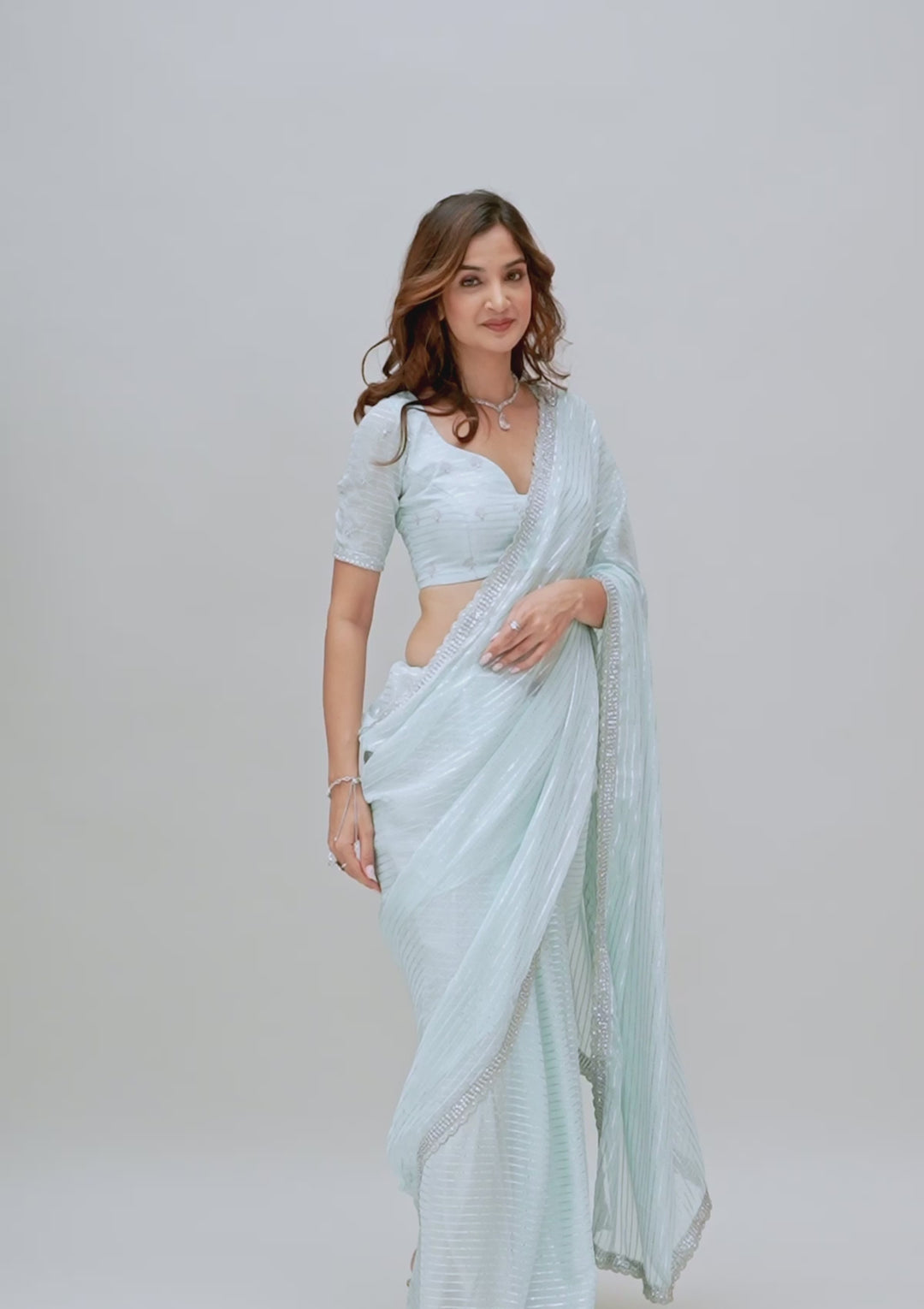 Sky Blue Georgette Silver Stonework Saree With Matching Blouse Piece