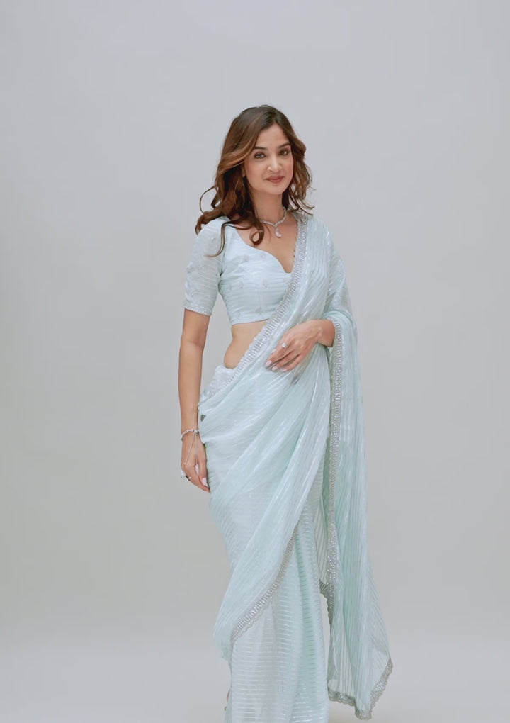 Sky Blue Georgette Silver Stonework Saree With Matching Blouse Piece