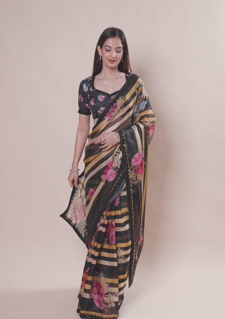 Yellow Georgette Abstract Geometric Sequins Saree With Matching Blouse Piece