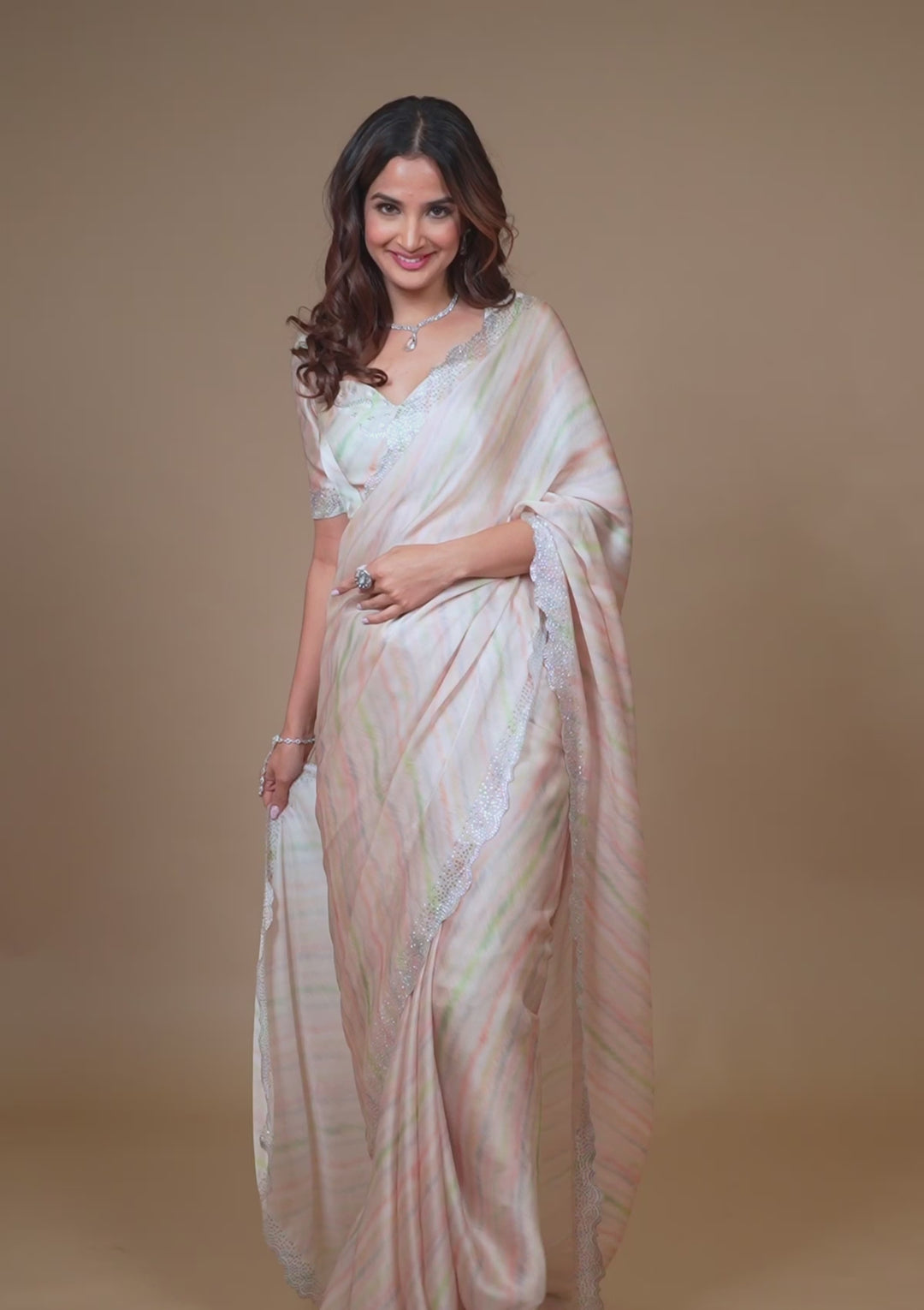 Peach Satin Gold Stonework Saree With Matching Blouse Piece