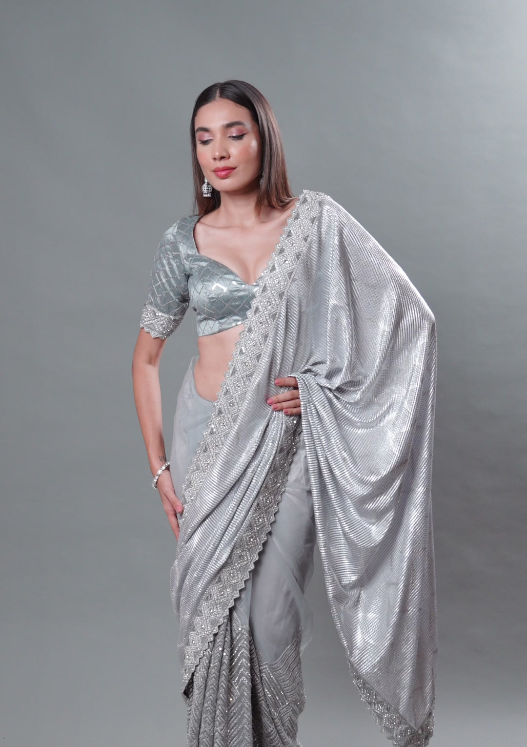 Light Grey Net Sequins Saree With Matching Blouse Piece