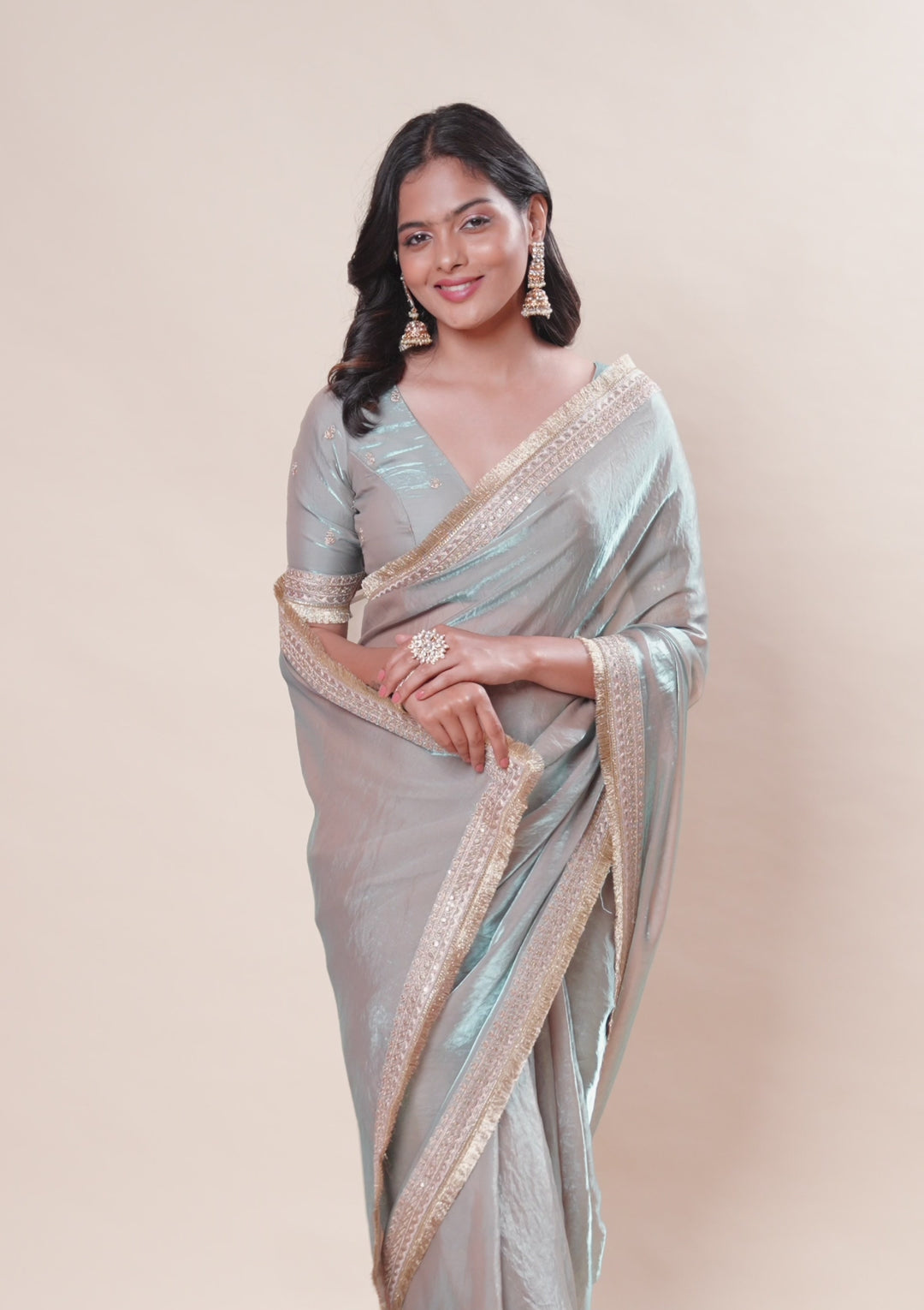 Beige Tissue Cording Saree With Matching Blouse Piece