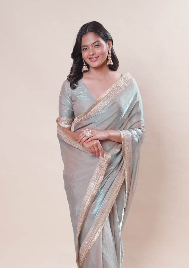 Beige Tissue Cording Saree With Matching Blouse Piece