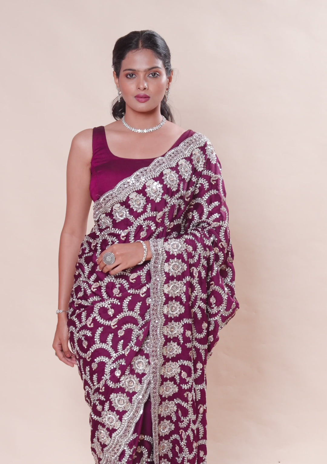Wine Satin Threadwork Saree With Matching Blouse Piece