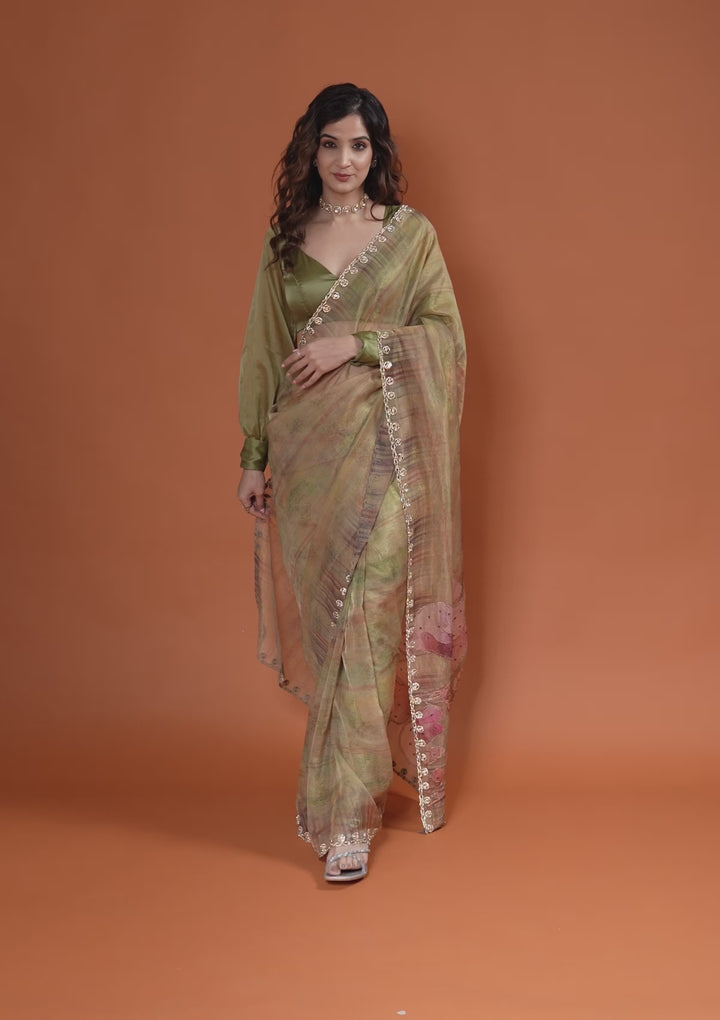 Mehendi Green Organza Floral Gold Zariwork Saree With Matching Blouse Piece