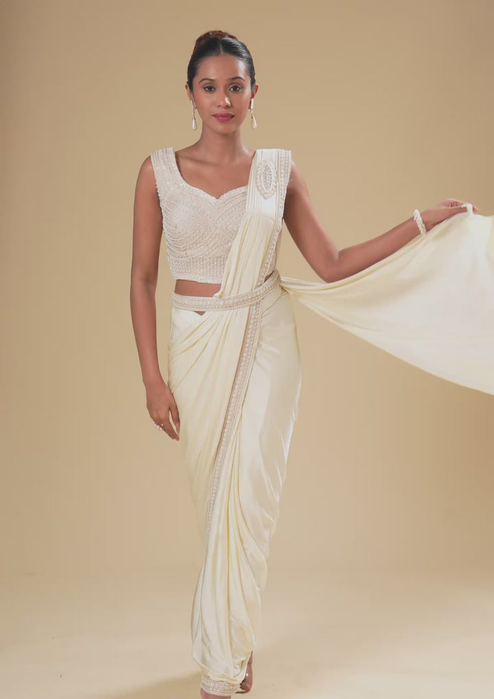 Off White Satin Pearlwork Saree With Matching Blouse Piece