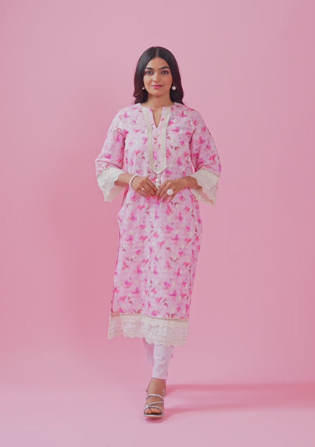 Pink Multi Cotton Floral Threadwork Unstitched Dress Material With Matching Bottom And Dupatta