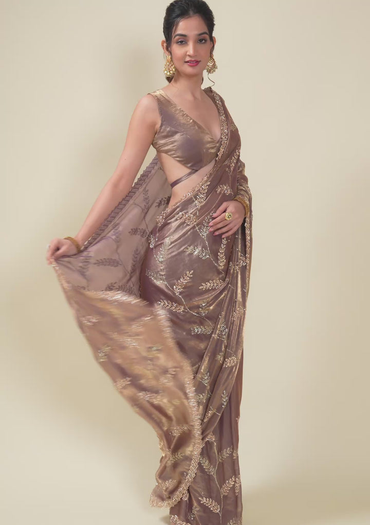 Rust Tissue Gold Stonework Saree With Matching Blouse Piece
