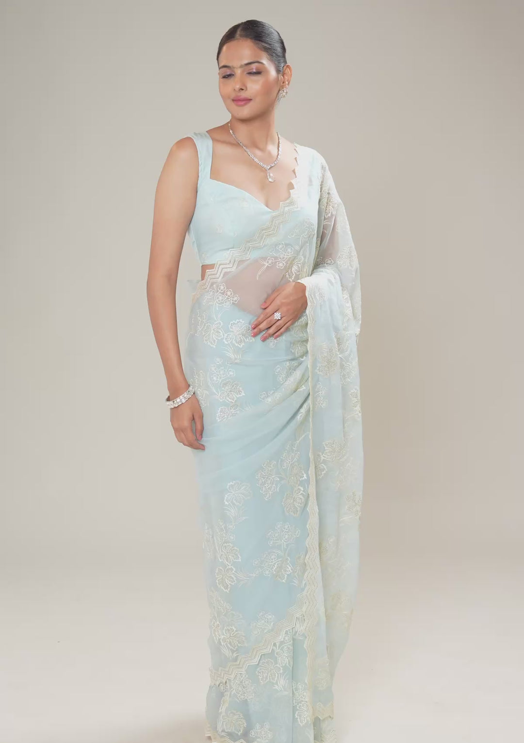 Sky Blue Threadwork Chiffon Saree