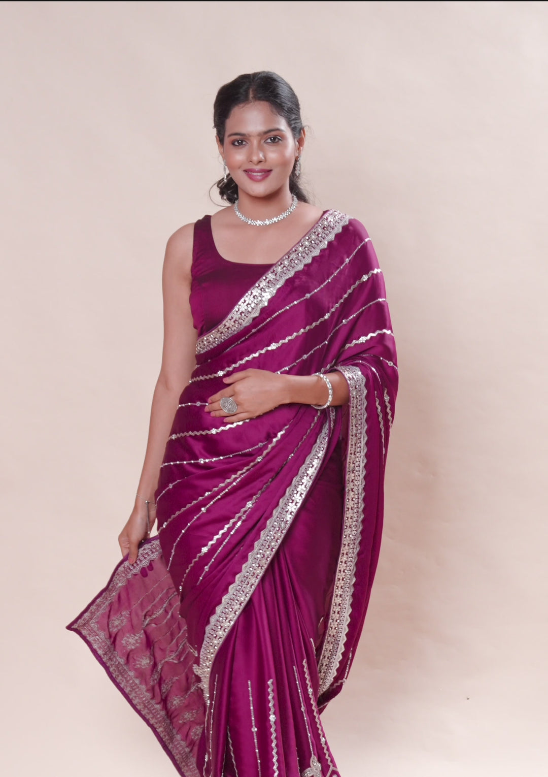 Wine Satin Gotapatti Saree With Matching Blouse Piece