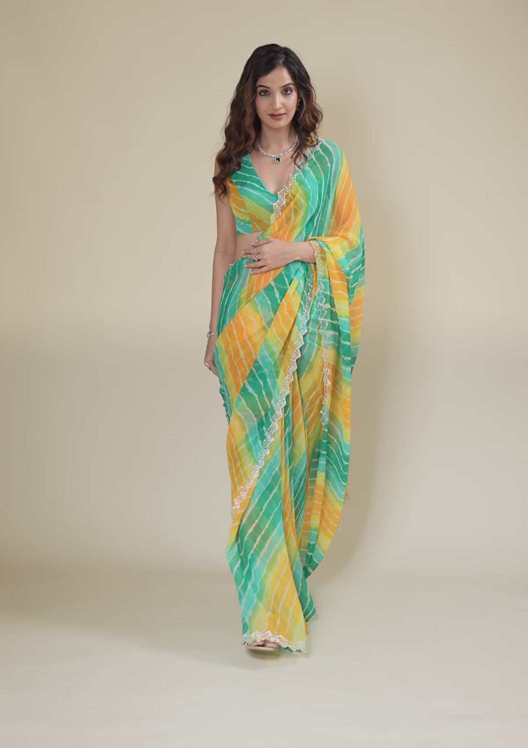 Rama Green Chiffon Leheria Silver Stonework Saree With Matching Blouse Piece