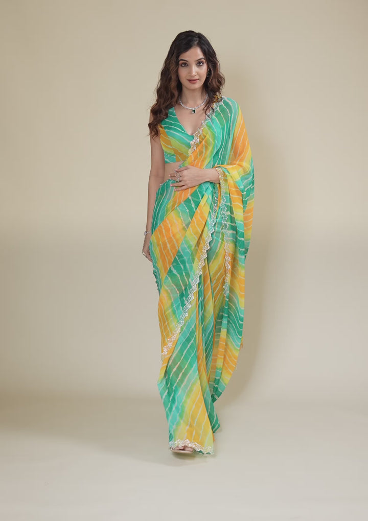 Rama Green Chiffon Leheria Silver Stonework Saree With Matching Blouse Piece