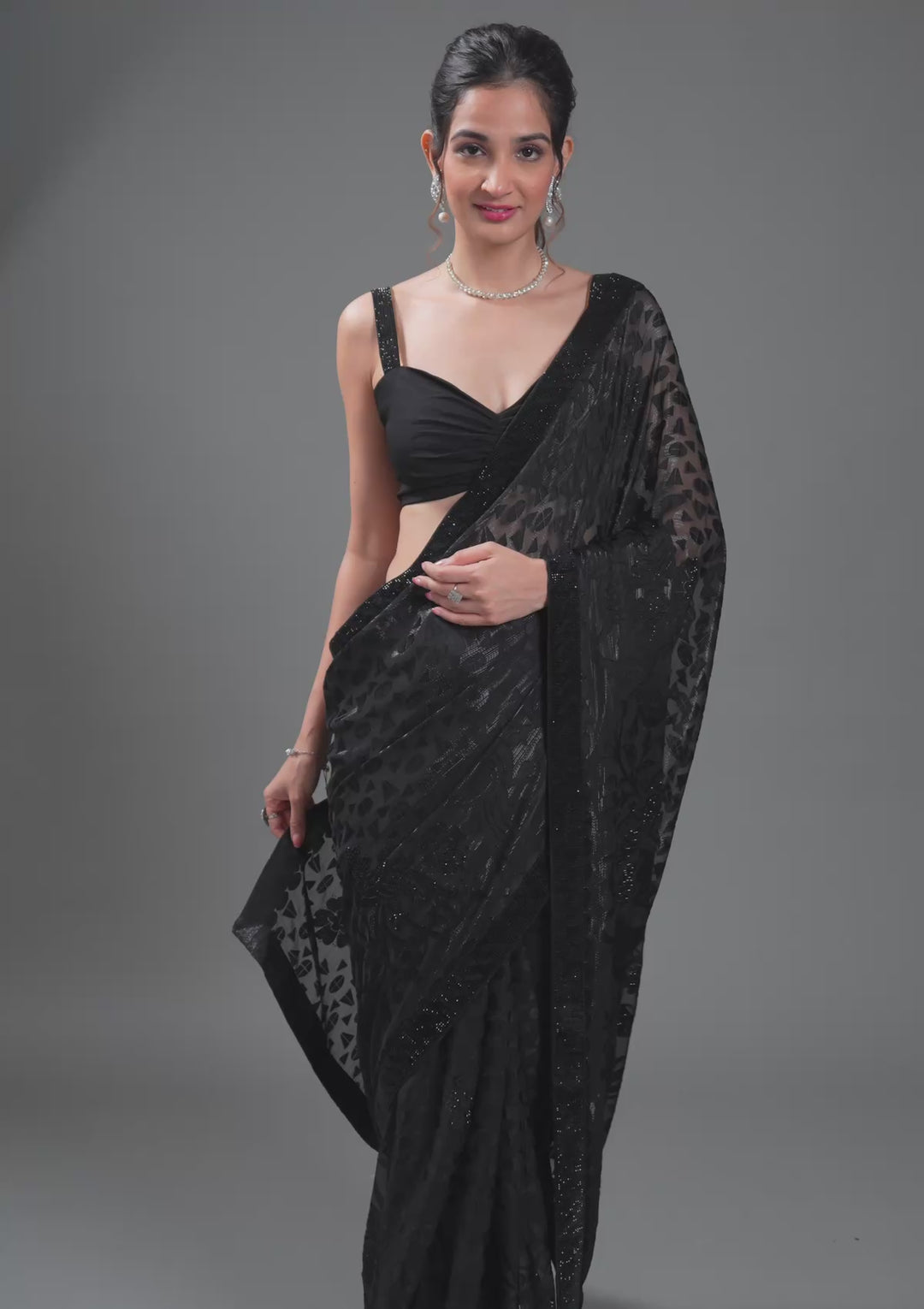 Black Organza Swarovski Saree With Matching Blouse Piece