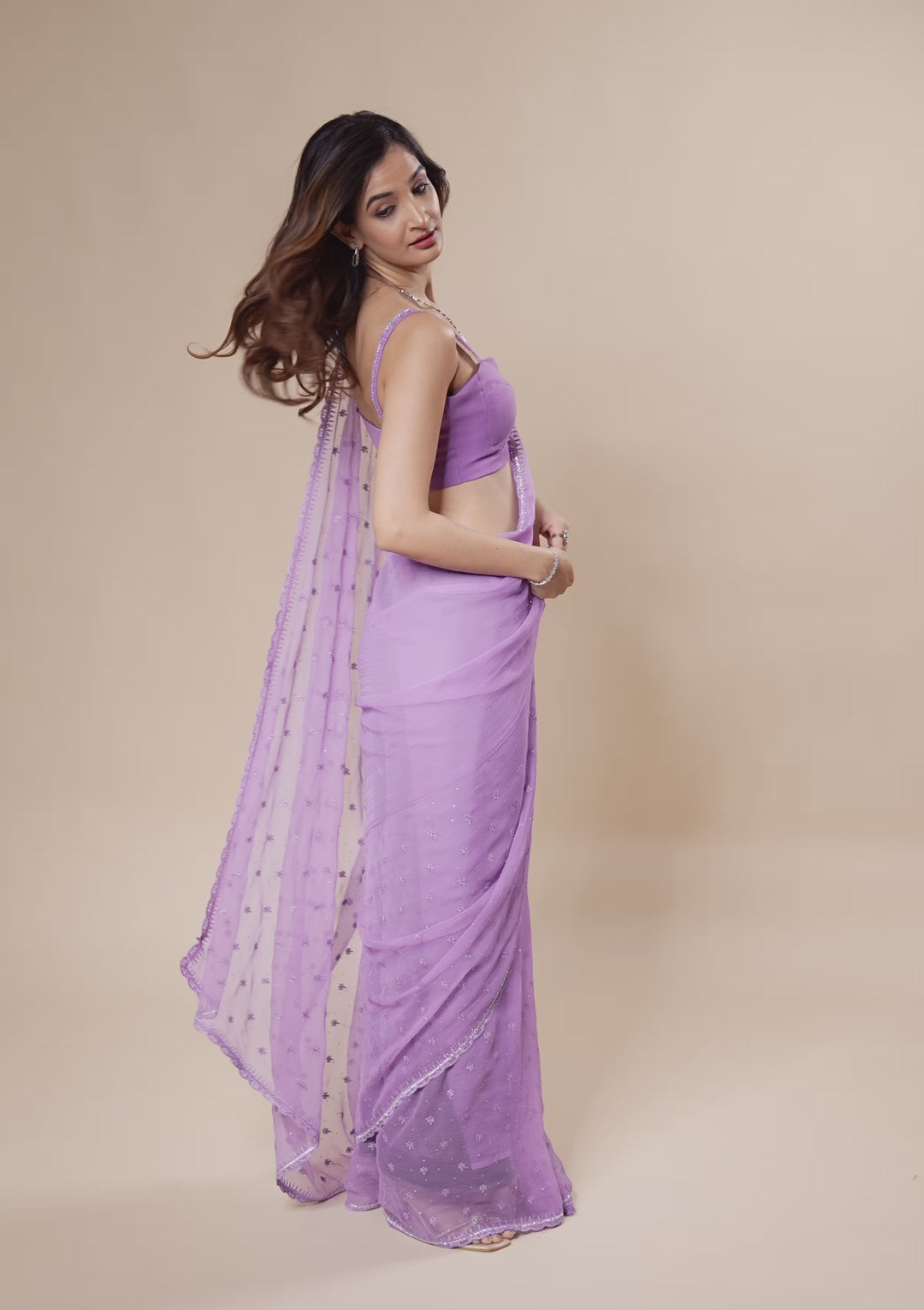 Purple Threadwork Chiffon Saree