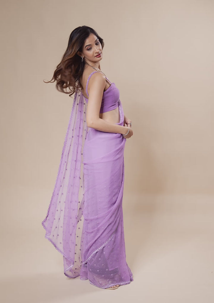 Purple Threadwork Chiffon Saree