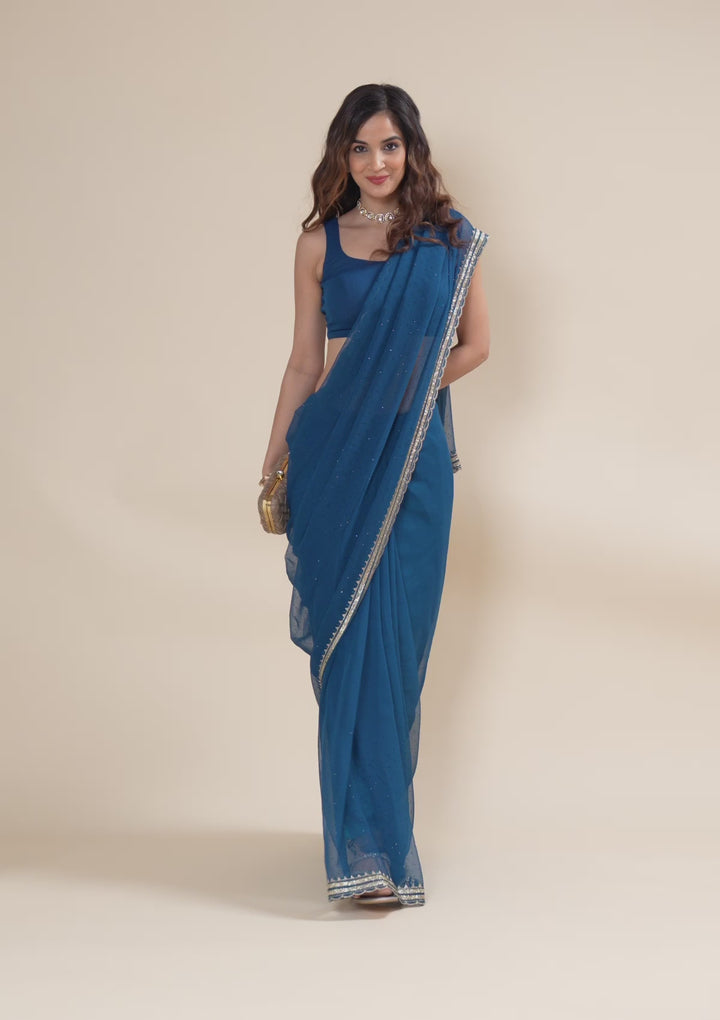 Peacock Blue Chiffon Gold Zariwork Saree With Matching Blouse Piece