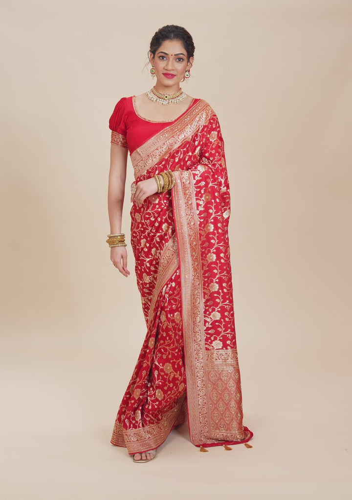 Red Silk Jaal Cutdana Saree With Matching Blouse Piece