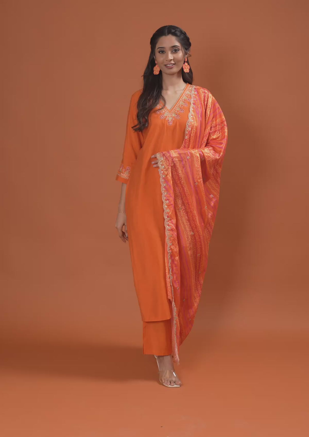 Orange Tissue Gold Zariwork Straight Kurta With Pant Regular And Dupatta