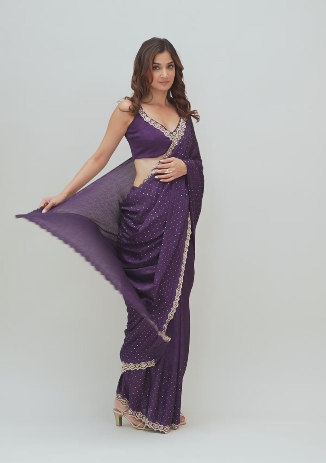 Purple Crepe Mirrorwork Saree With Matching Blouse Piece