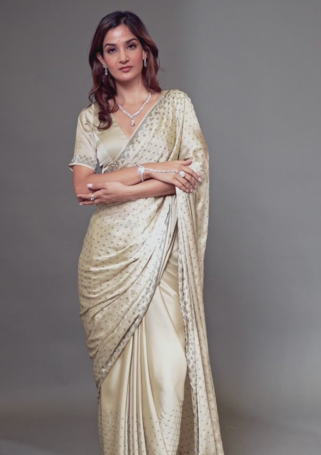 Beige Stonework (Silver) Semi Crepe Saree