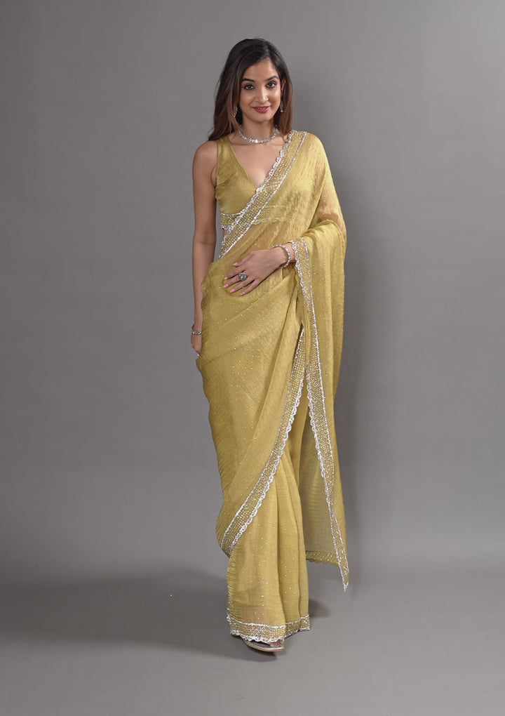 Mehendi Silver Stonework Tissue Saree