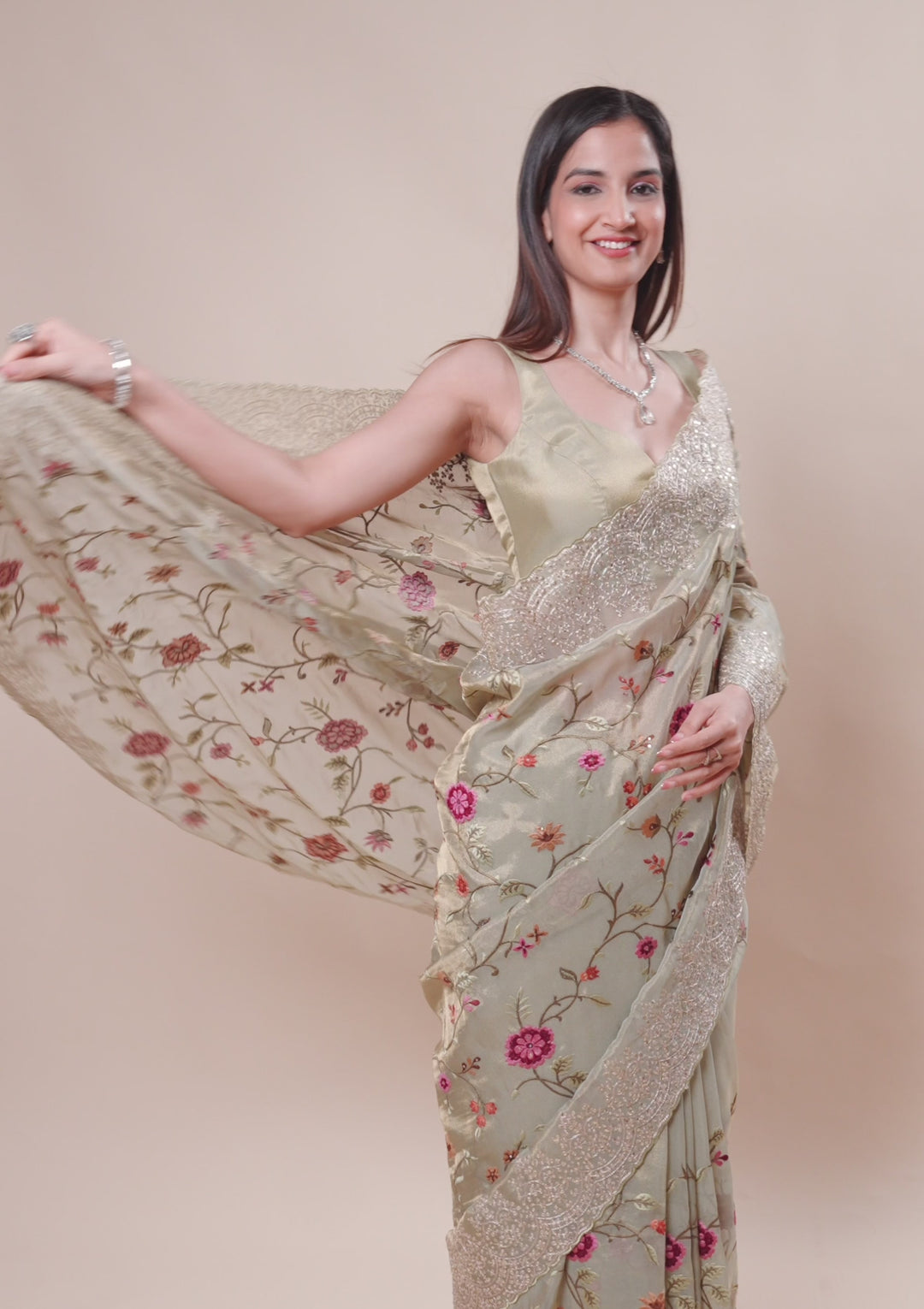 Beige Organza Threadwork Saree With Matching Blouse Piece