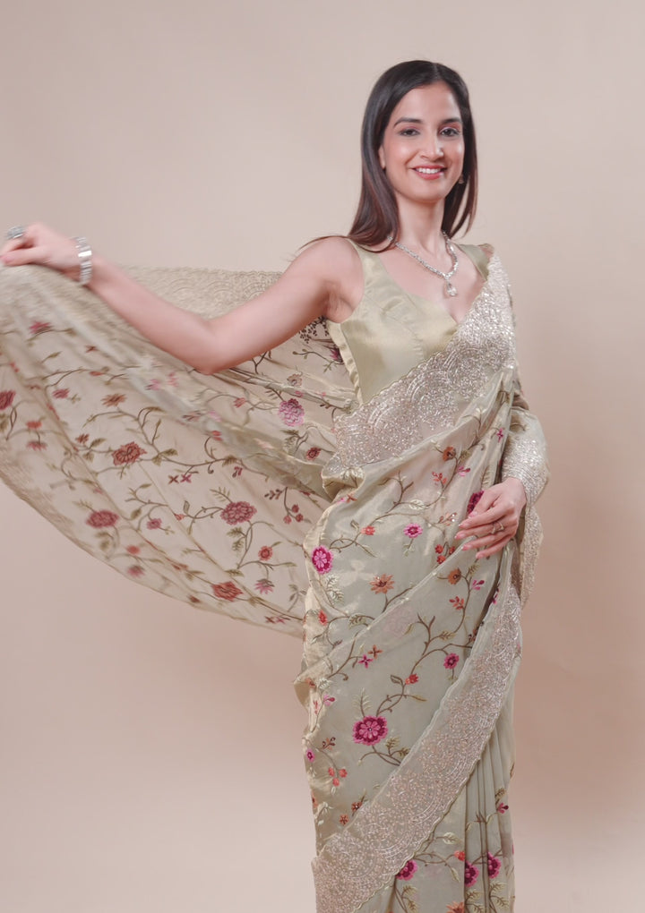 Beige Organza Threadwork Saree With Matching Blouse Piece