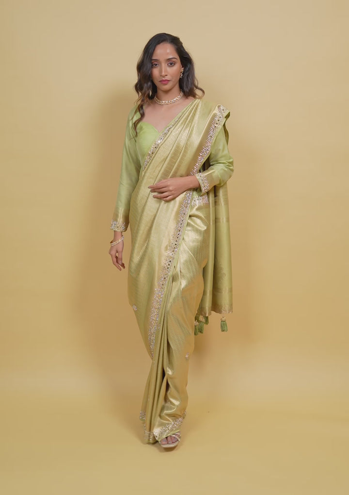 Pista Green Mirrorwork Soft Silk Saree