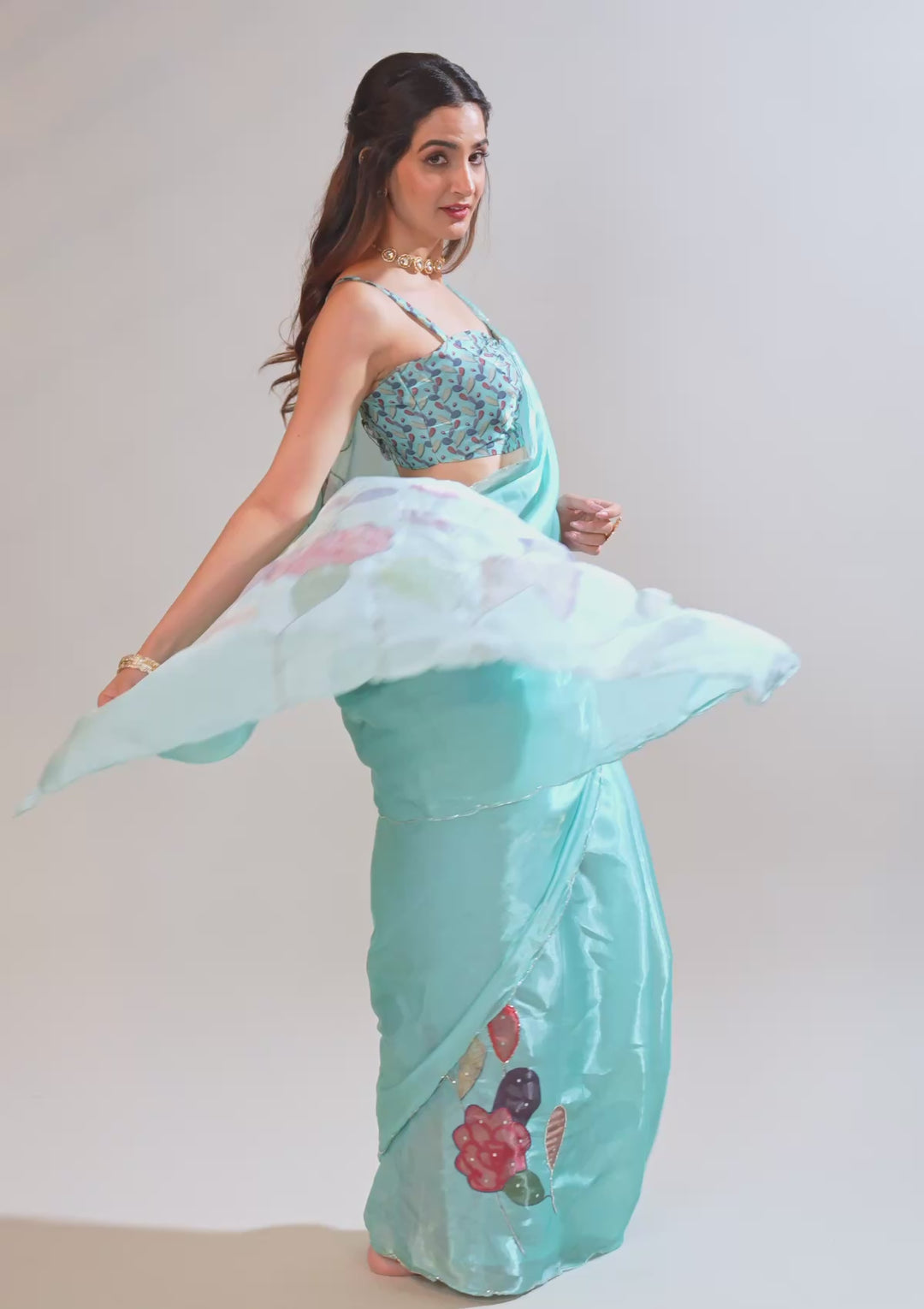 Sky Blue Organza Floral Cutdana Saree With Matching Blouse Piece
