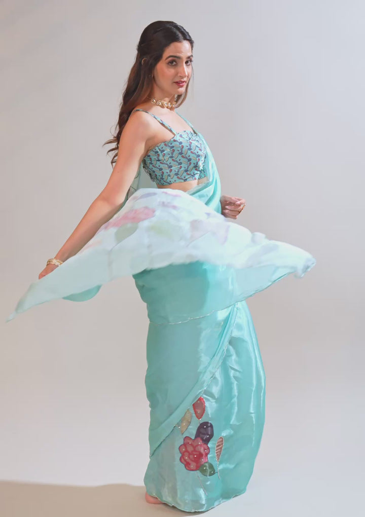 Sky Blue Organza Floral Cutdana Saree With Matching Blouse Piece