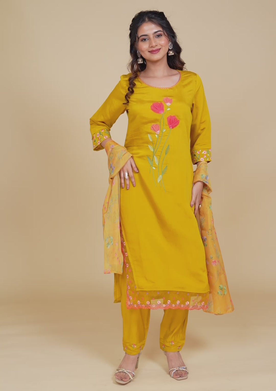 Mustard Yellow Cotton Applique Straight Kurta With Regular Pant And Dupatta