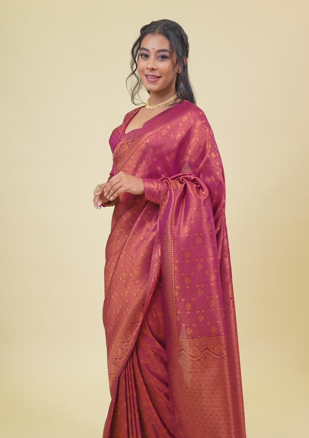 Wine Silk Buti Gold Zariwork Saree With Matching Blouse Piece