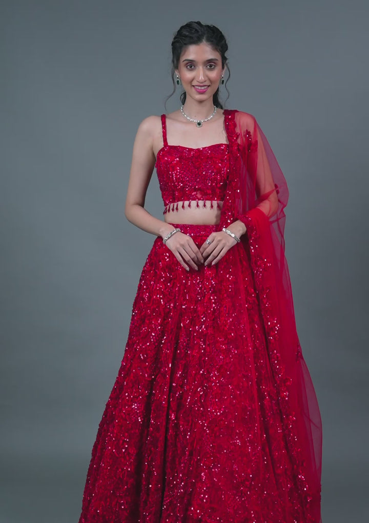 Cutdana Red Net Stitched Lehenga Blouse With Dupatta