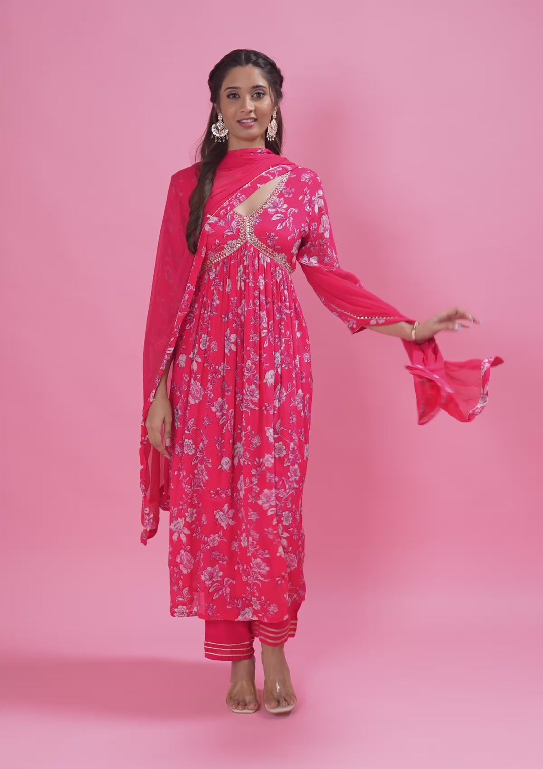 Pink Crepe Floral Mirrorwork A Line Kurta With Pant Regular And Dupatta