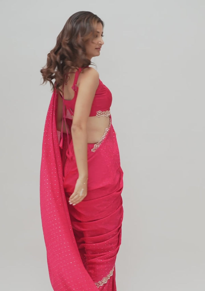 Rani Pink Crepe Mirrorwork Saree With Matching Blouse Piece