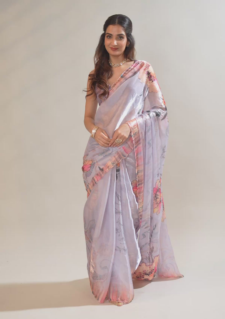 Koskii Organza Lavender Saree – Elegance in Embroidery
