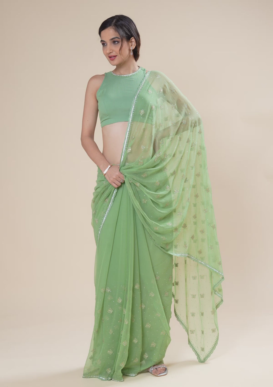 Pista Green Threadwork Chiffon Saree