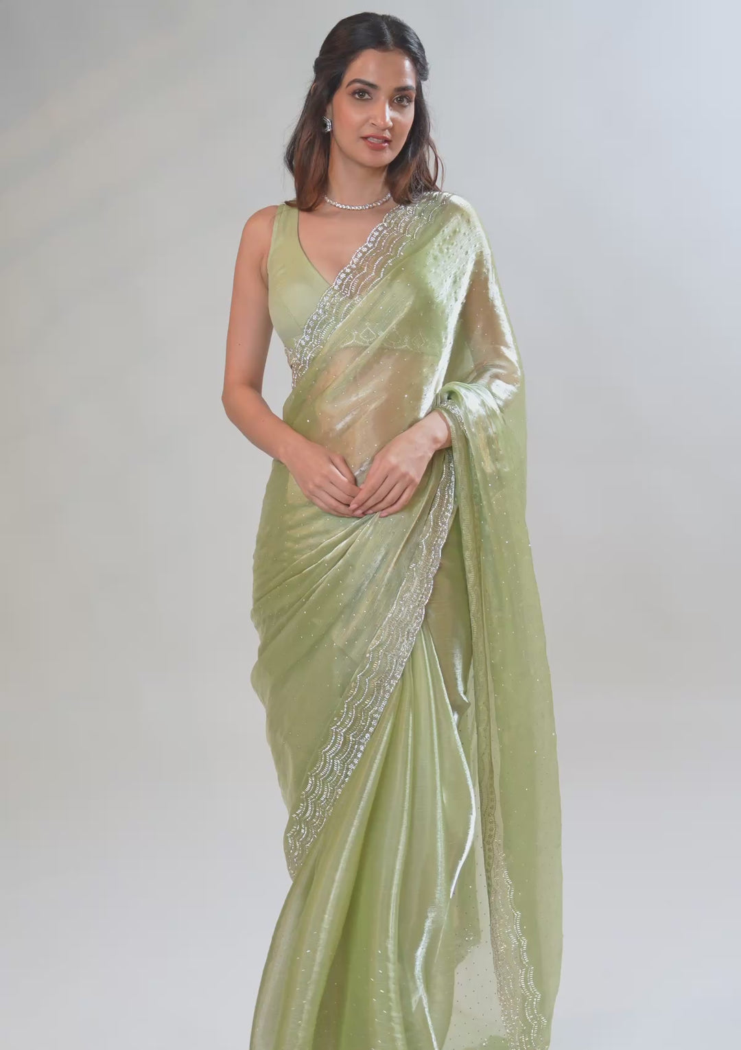 Pista Green Organza Silver Zariwork Saree With Matching Blouse Piece