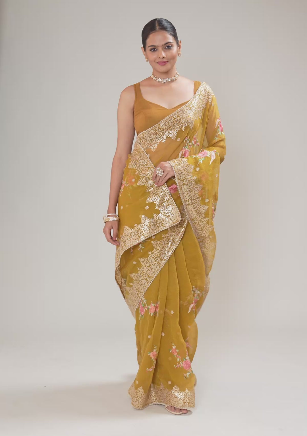 Mustard Tissue Threadwork Saree With Matching Blouse Piece