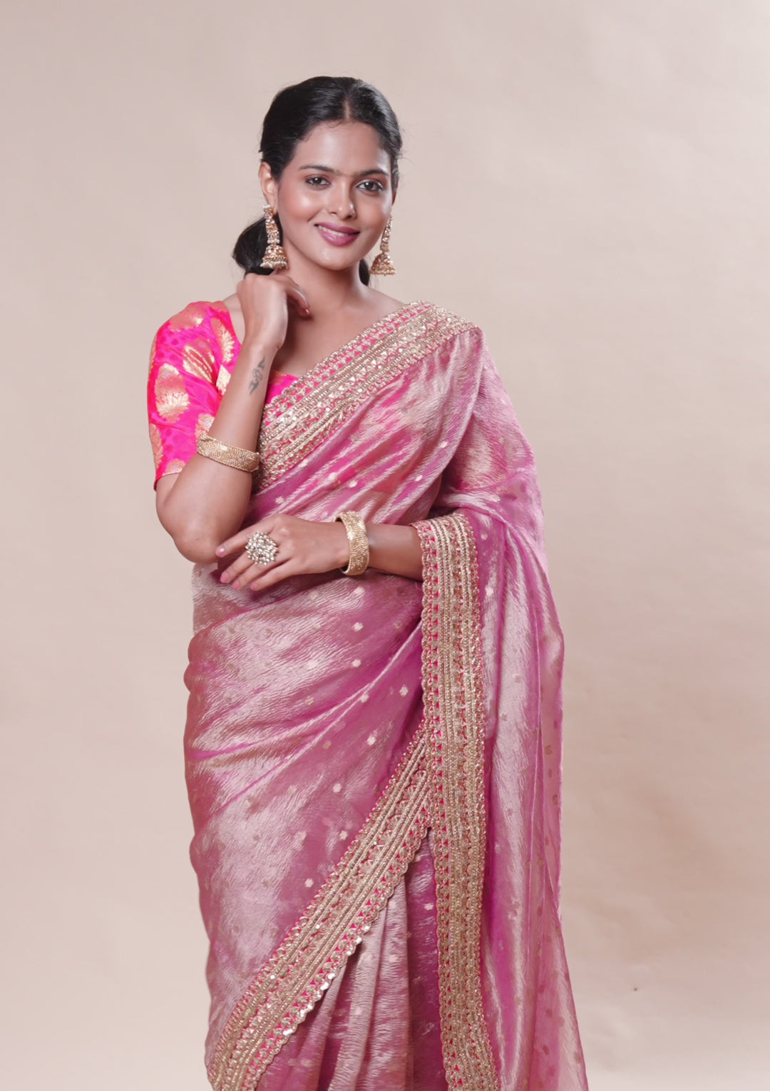 Wine Tissue Sequins Saree With Matching Blouse Piece