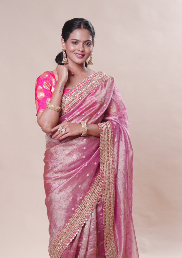 Wine Tissue Sequins Saree With Matching Blouse Piece