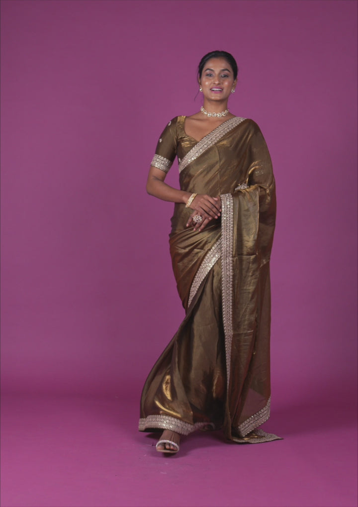 Mehendi Green Tissue Cording Saree With Matching Blouse Piece