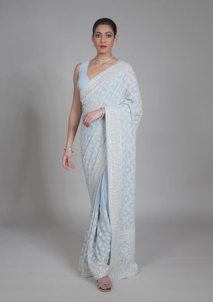 Grey Georgette Chikankari Saree With Matching Blouse Piece